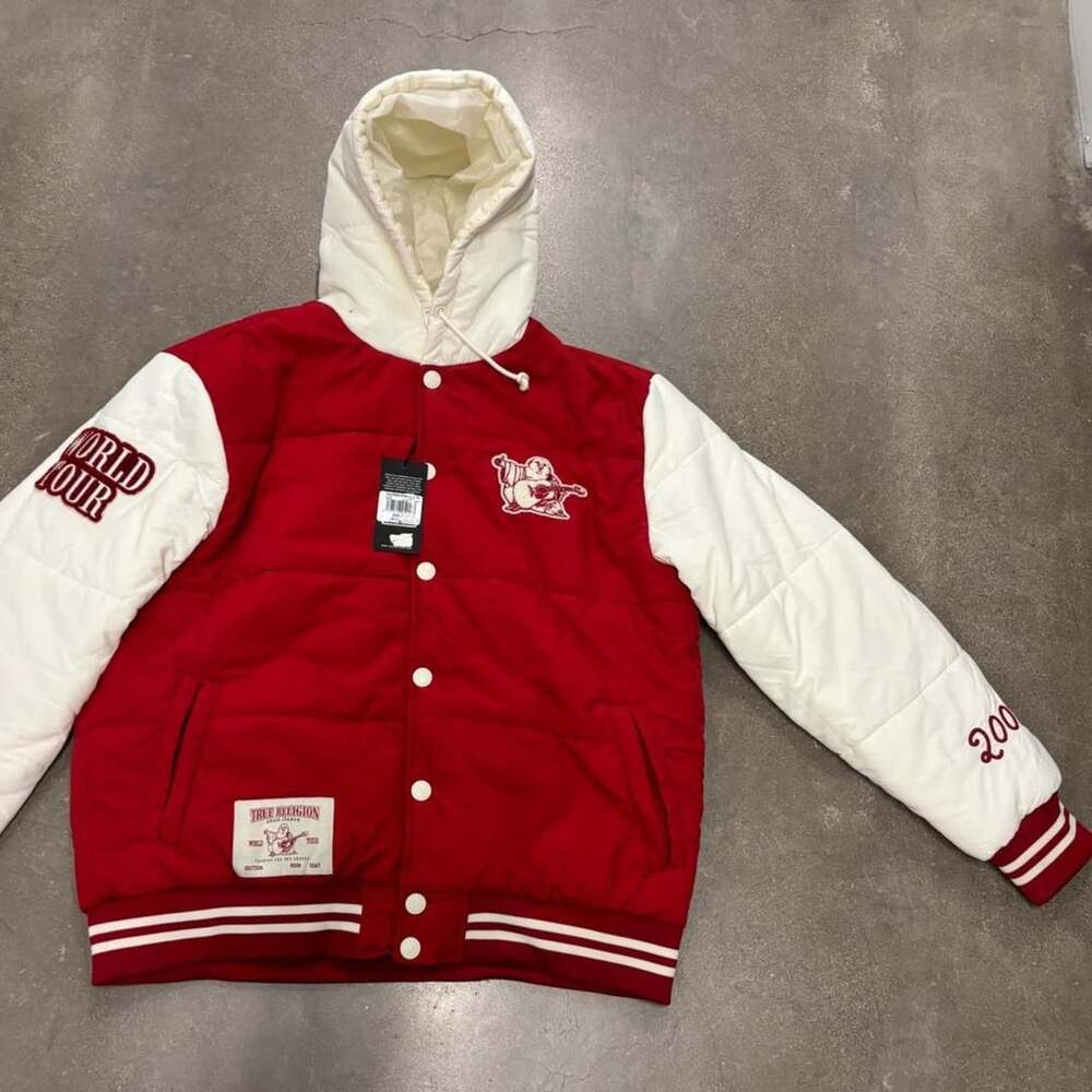 True Religion World Tour Hooded Puffer Varsity Jacket Red White XL